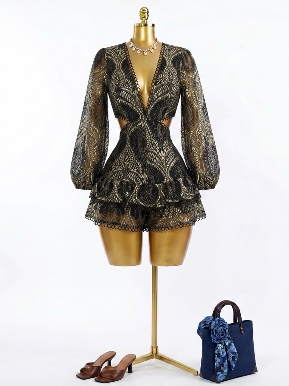 Fashion Nova Black & Gold Lace Cutout Mini Dress